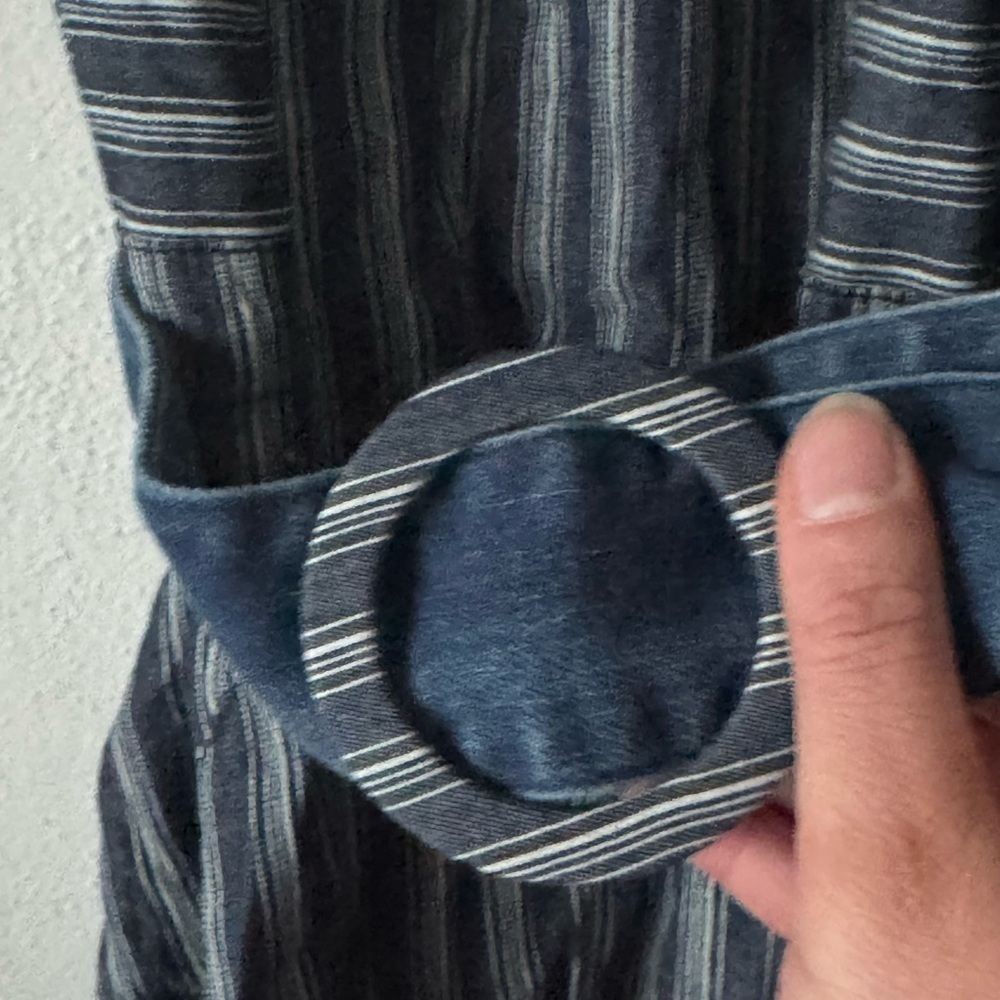 Farrow Striped Chambray belted asymmetrical off the shoulder ruffle dress - Picture 5 of 12